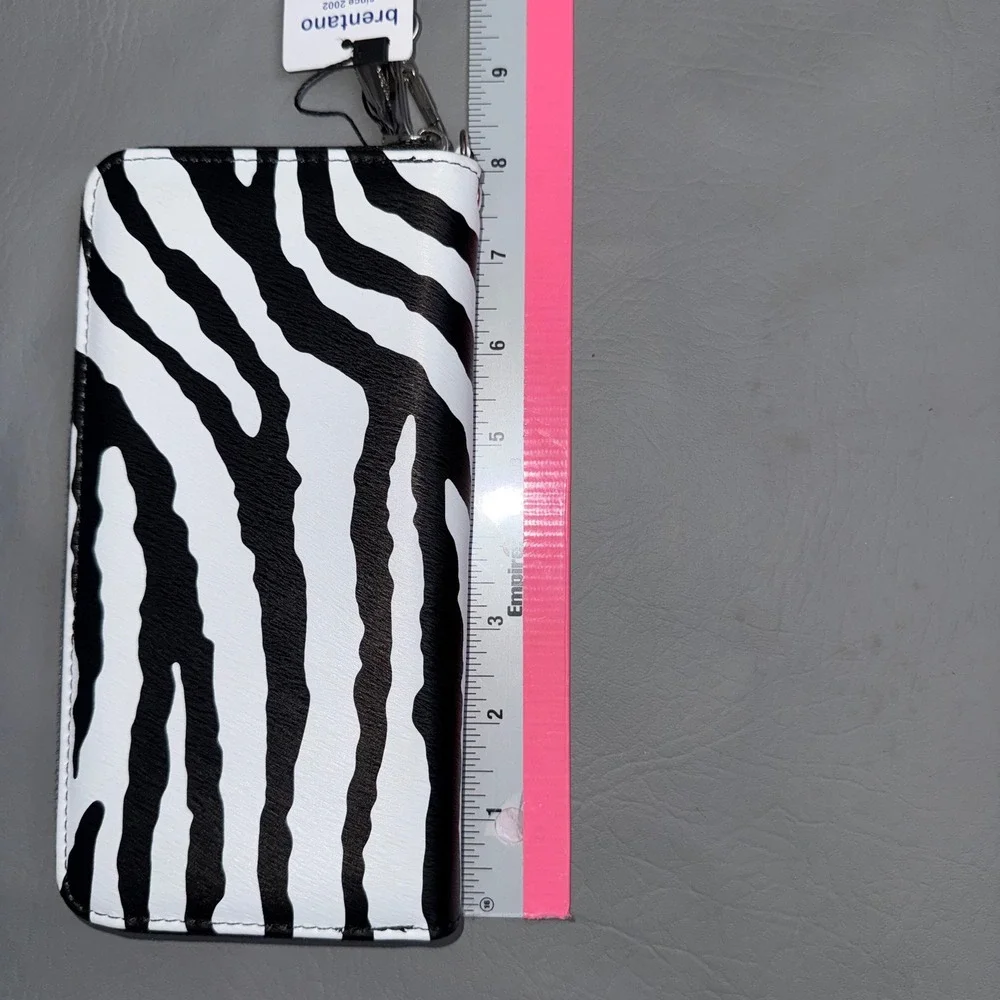 Brentano Zebra Print Zip Around Wristlet Wallet Black White NEW